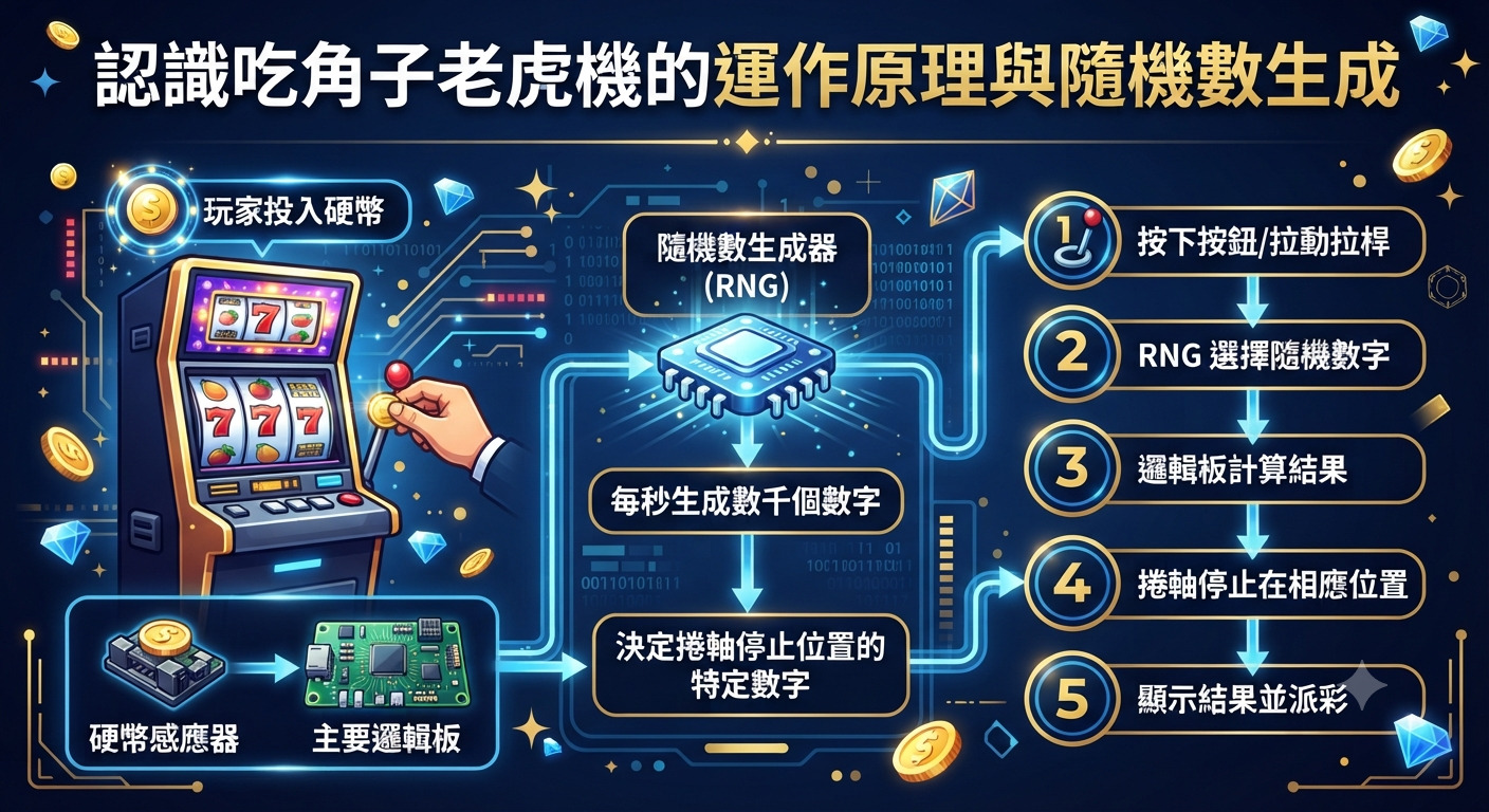 圖片展示了一台吃角子老虎機的運作原理與隨機數生成(RNG)流程。 畫面中詳細解析了從玩家投入硬幣、核心晶片運算到滾軸停止的各個步驟。