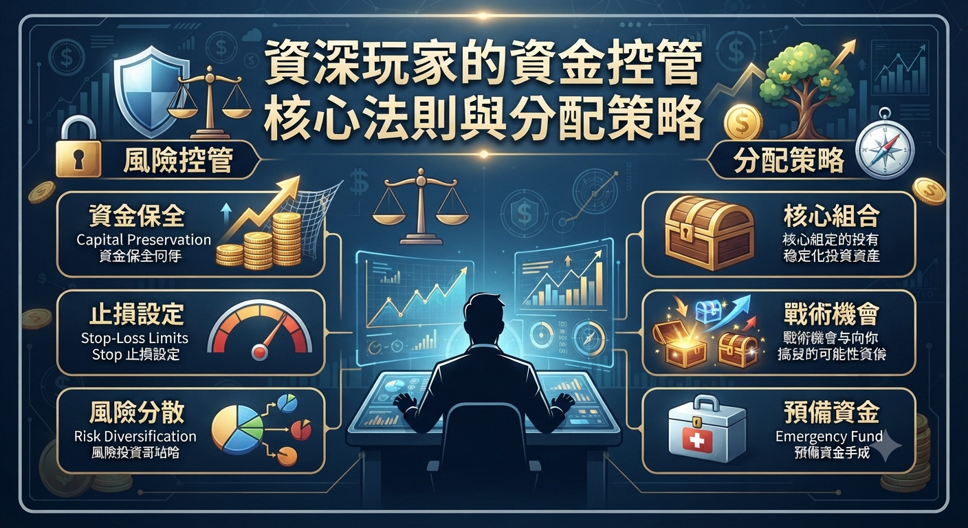這張資訊圖表以深色科技風格呈現,主標題為「資深玩家的資金控管核心法則與分配策略」。 畫面中央是一名分析師面對多螢幕數據,兩側分別詳細列出風險管控與資金分配的關鍵要點。